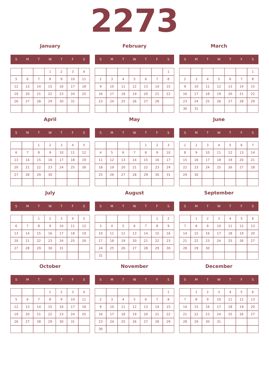 Printable 2273 Year Calendars cordovan