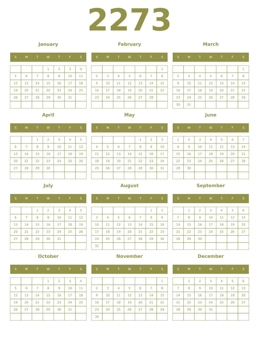 Printable 2273 Year Calendars eburnean