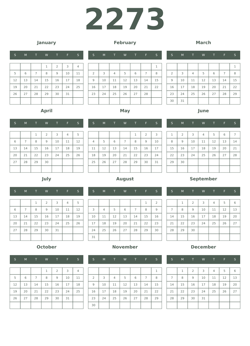 Printable 2273 Year Calendars feldgrau