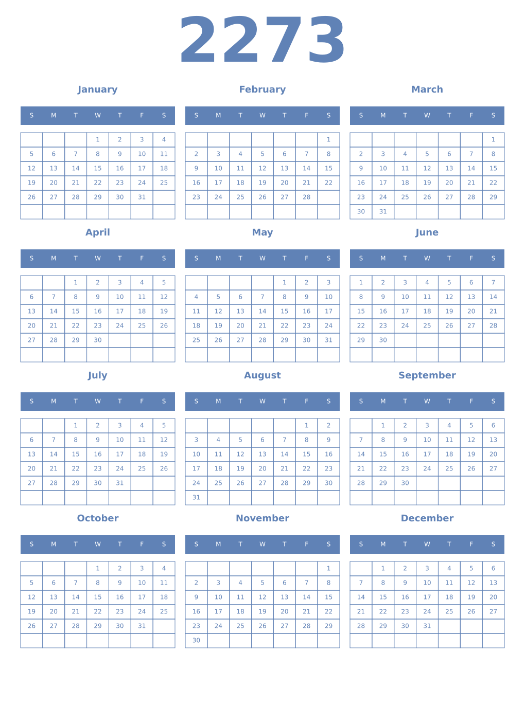 Printable 2273 Year Calendars glaucous