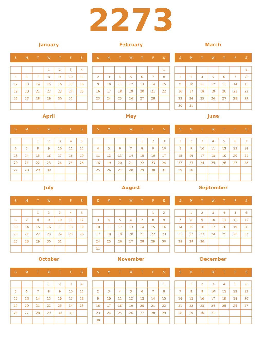 Printable 2273 Year Calendars orange