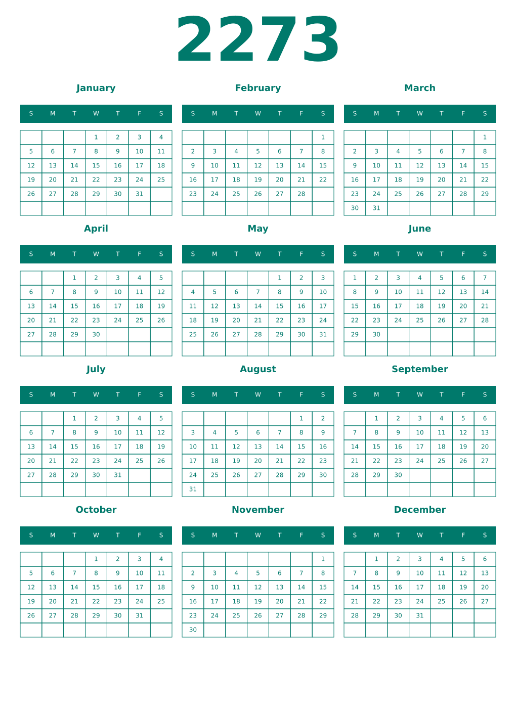 Printable 2273 Year Calendars pastel