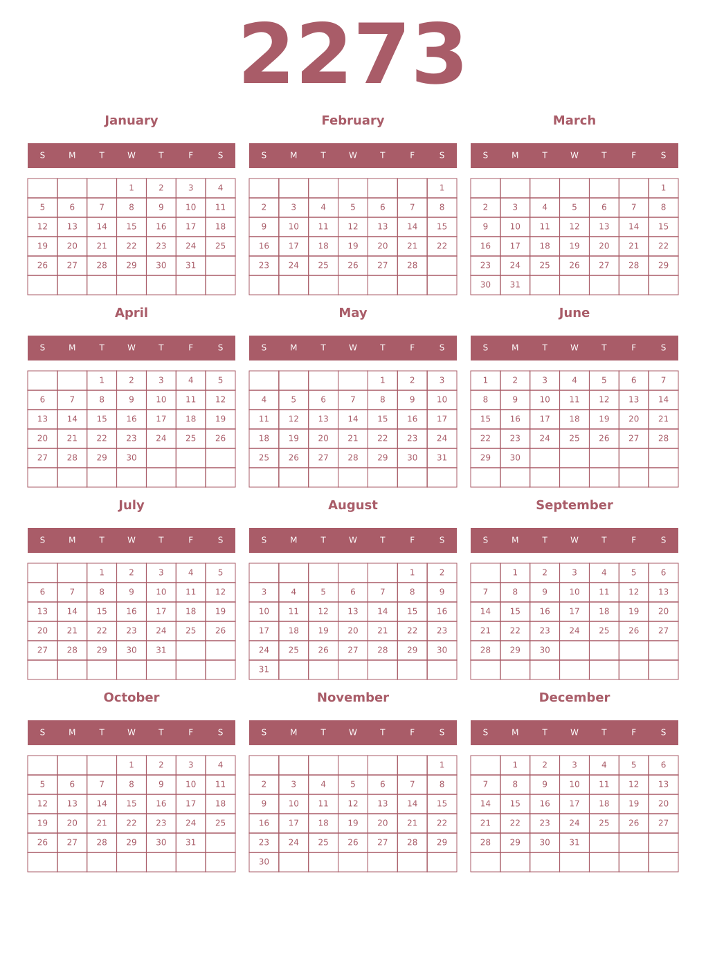Printable 2273 Year Calendars puce