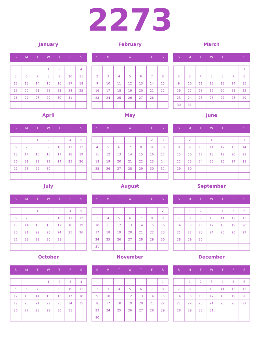 Printable 2273 Year Calendars purple