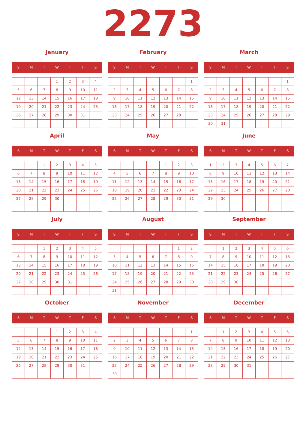 Printable 2273 Year Calendars red