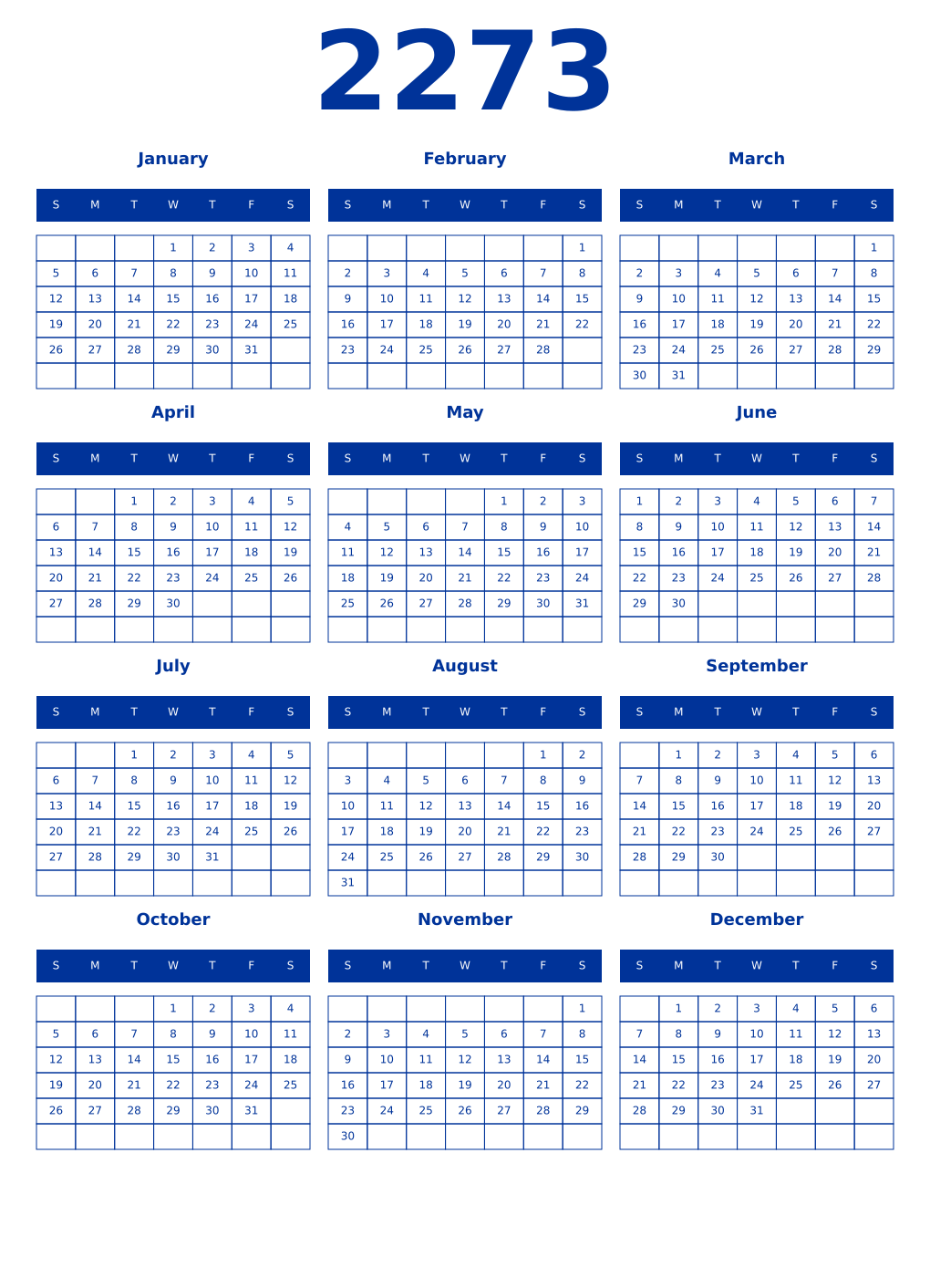 Printable 2273 Year Calendars smalt