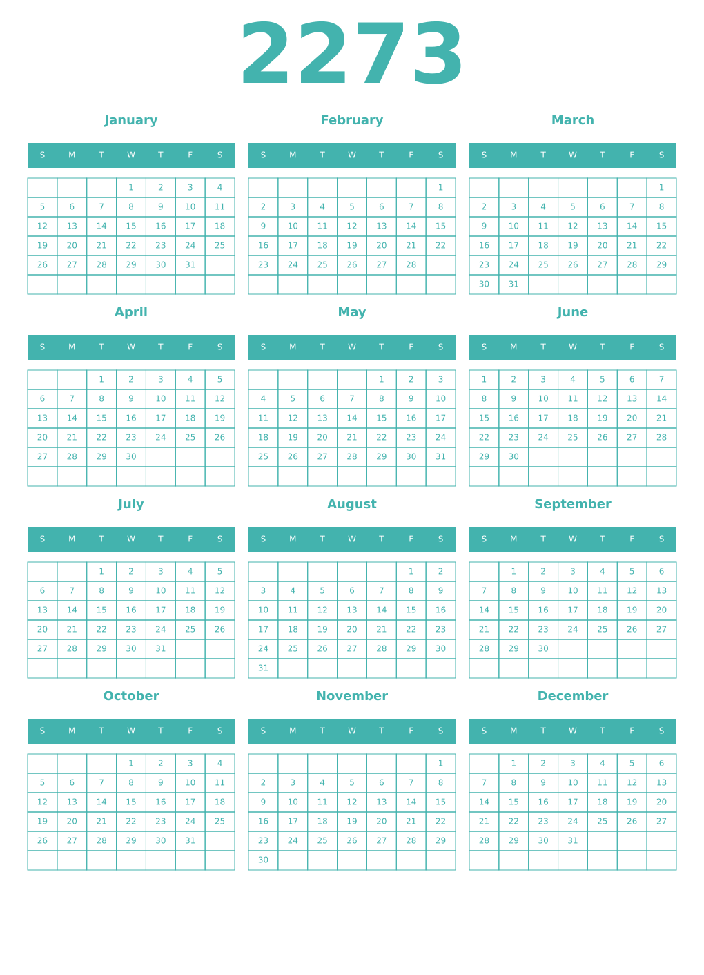 Printable 2273 Year Calendars verdigris