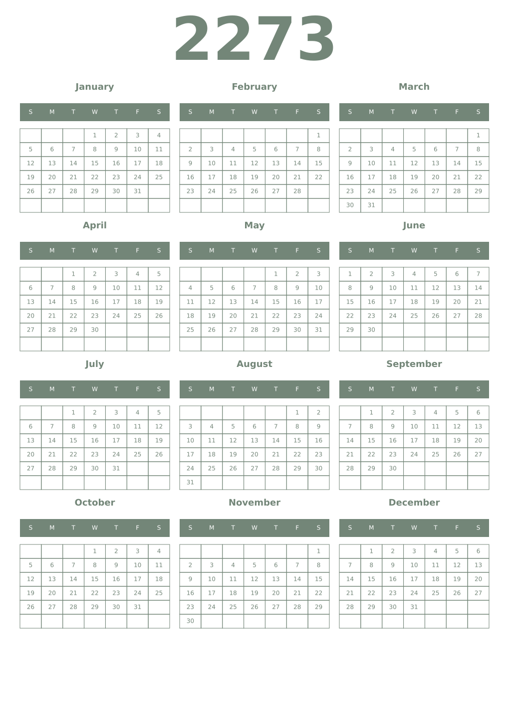 Printable 2273 Year Calendars xanadu