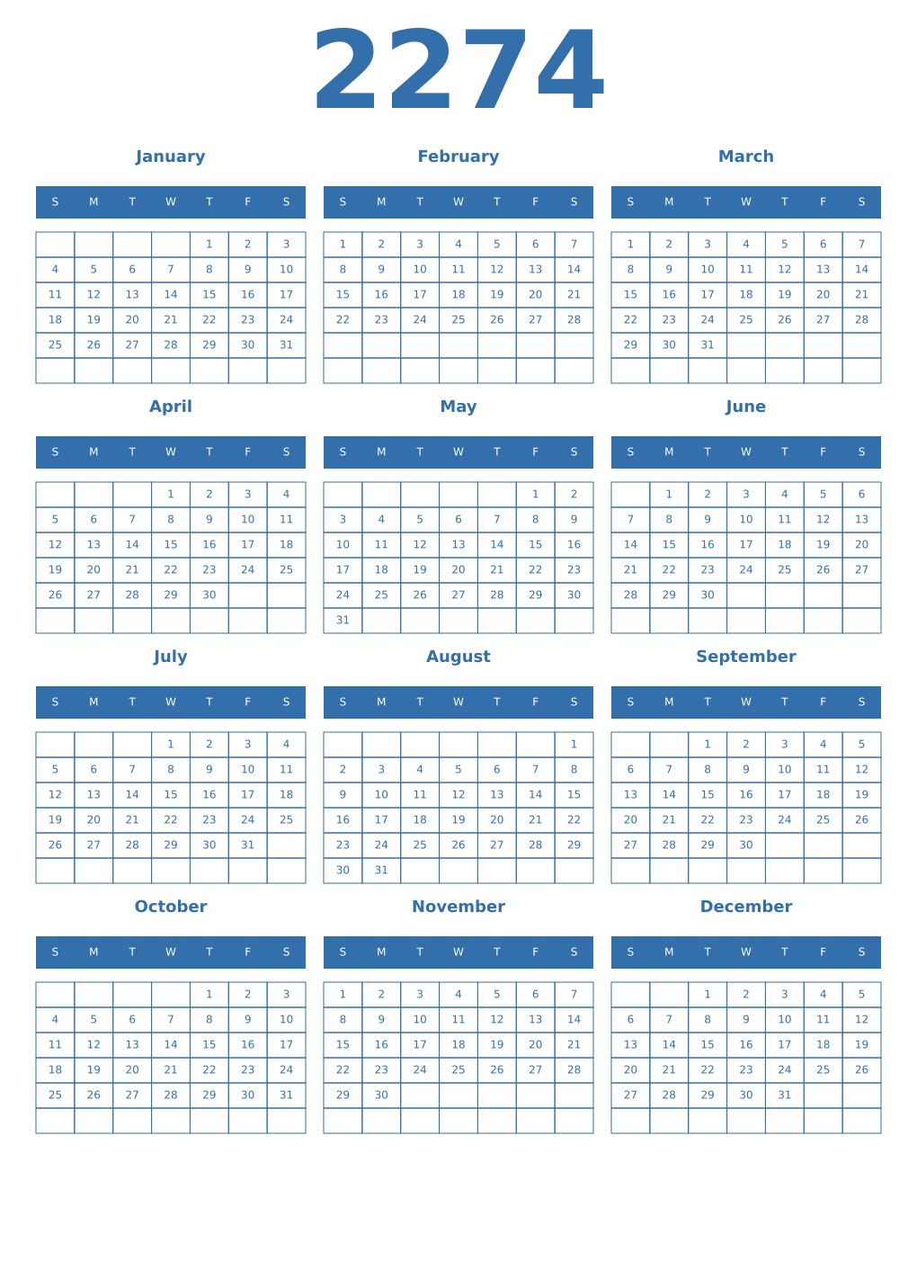Printable 2274 Year Calendars blue