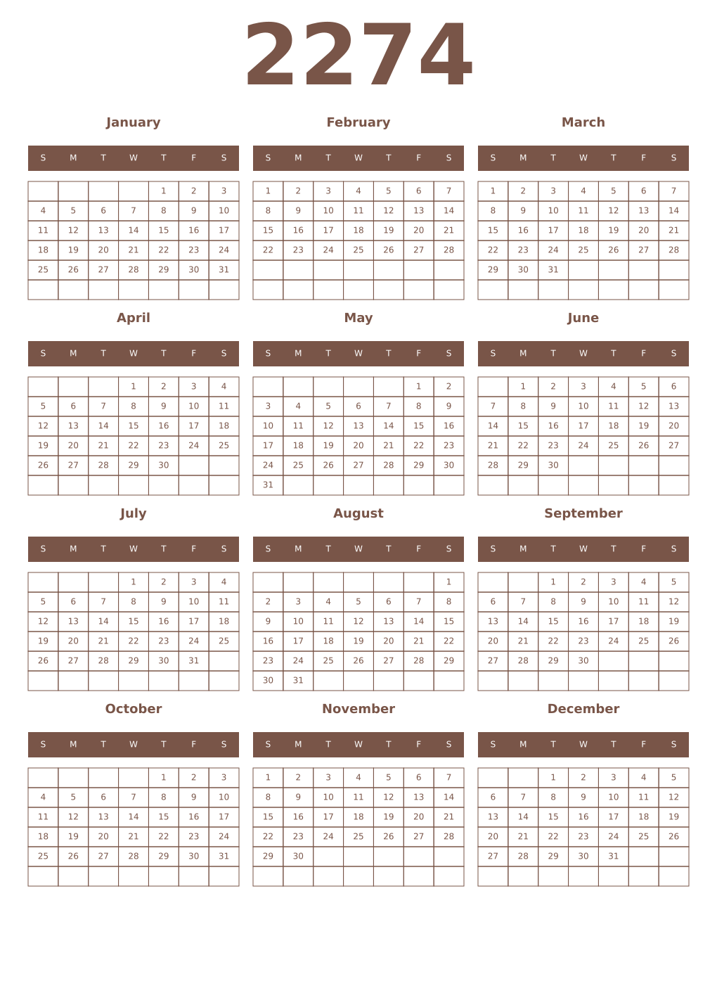 Printable 2274 Year Calendars coffe