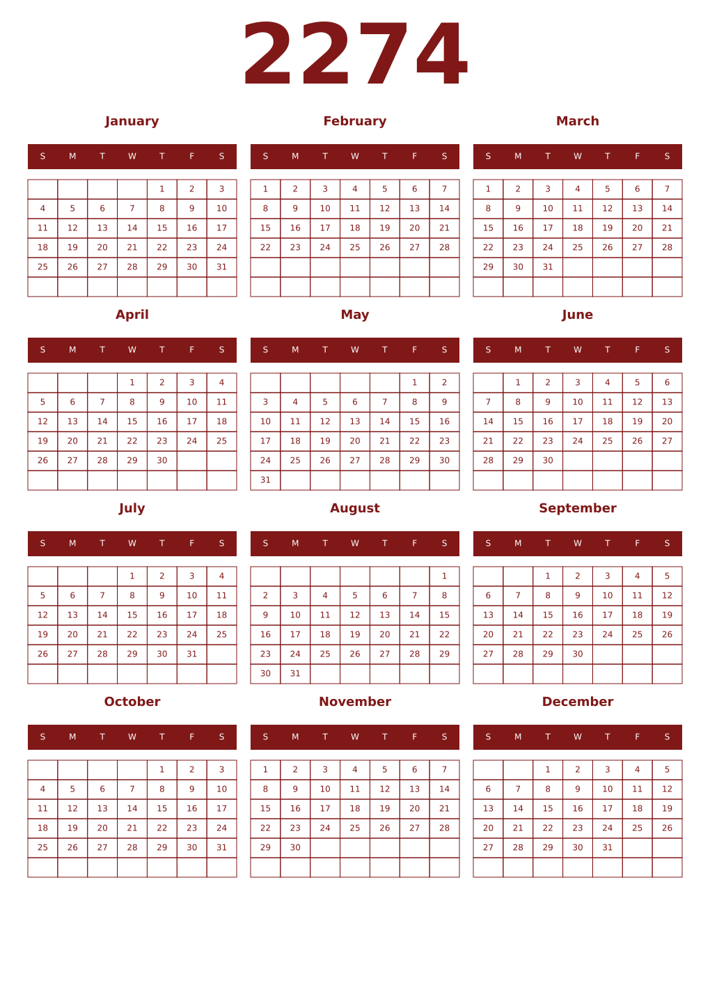 Printable 2274 Year Calendars falu
