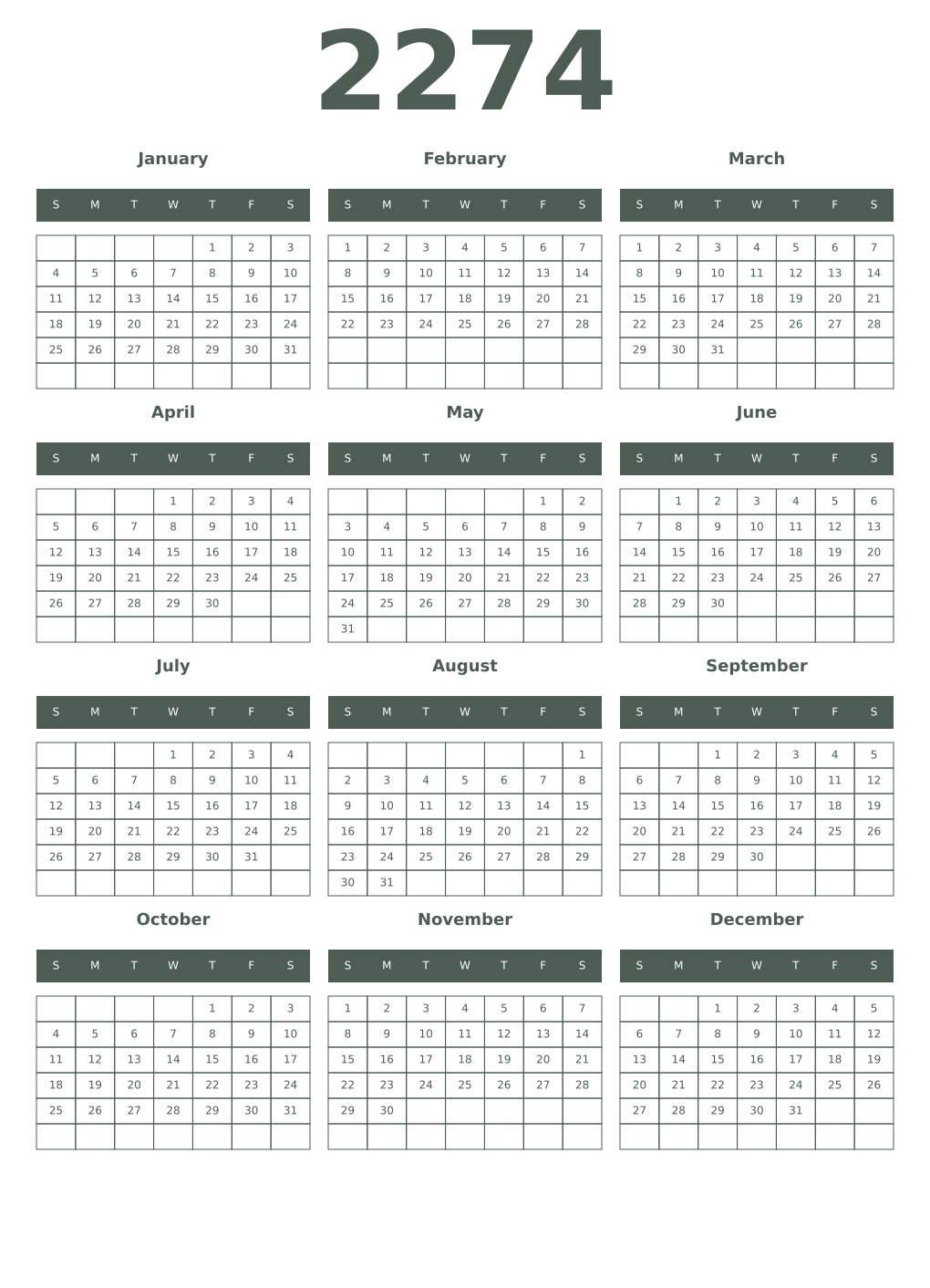 Printable 2274 Year Calendars feldgrau