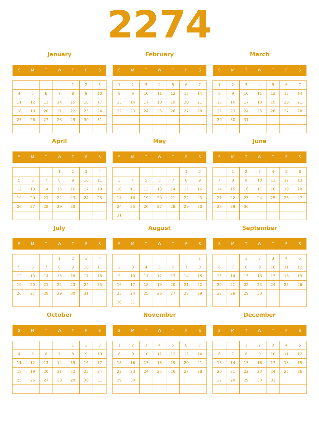 Printable 2274 Year Calendars gamboge