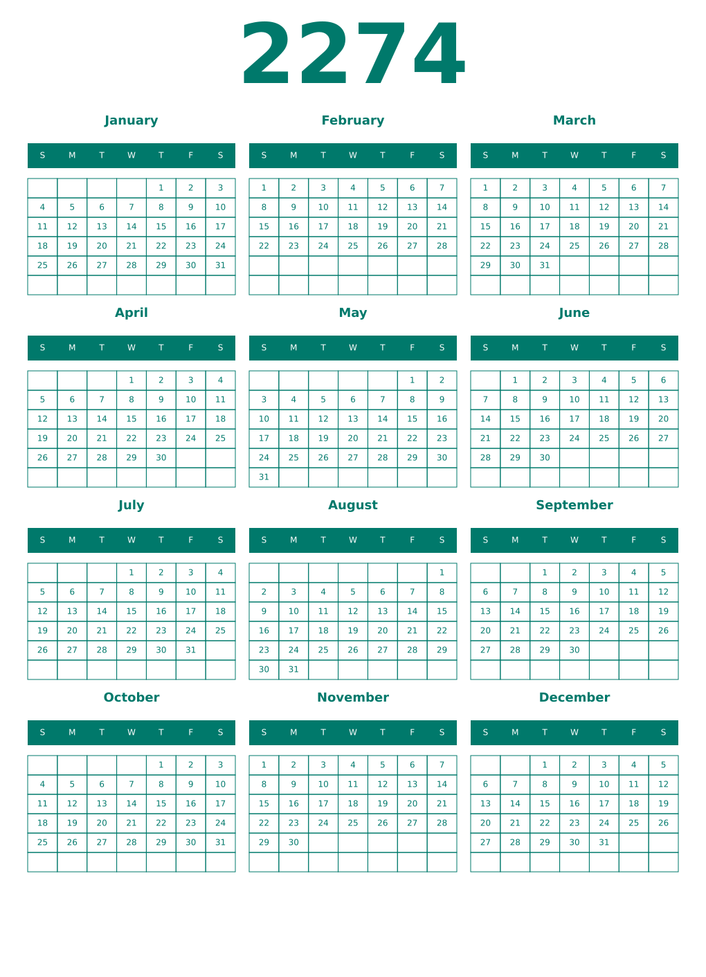 Printable 2274 Year Calendars pastel