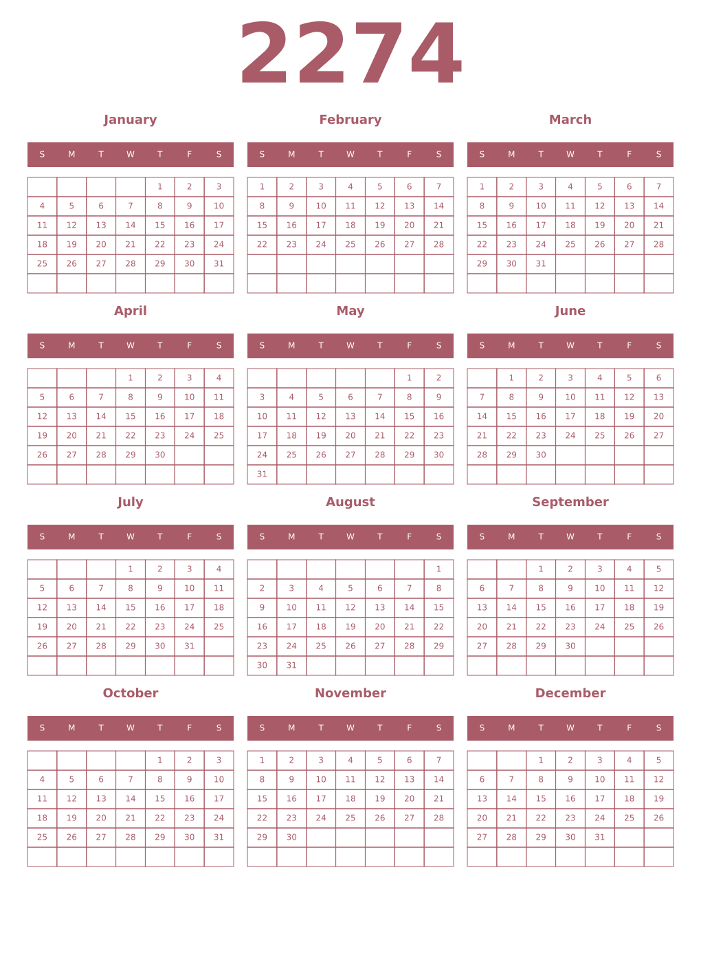 Printable 2274 Year Calendars puce