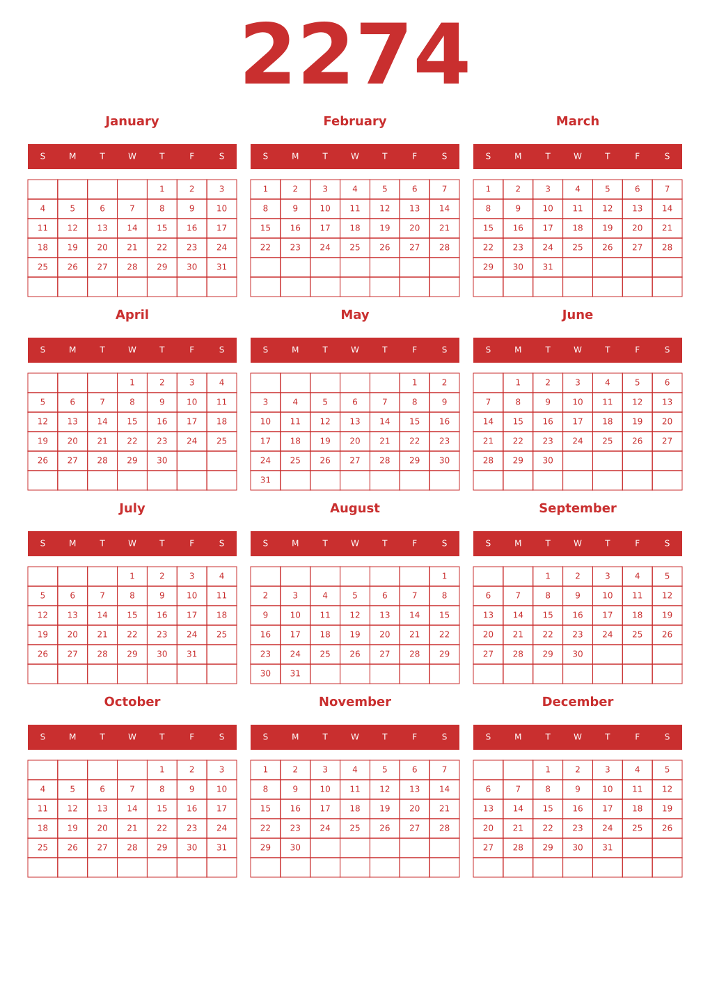 Printable 2274 Year Calendars red