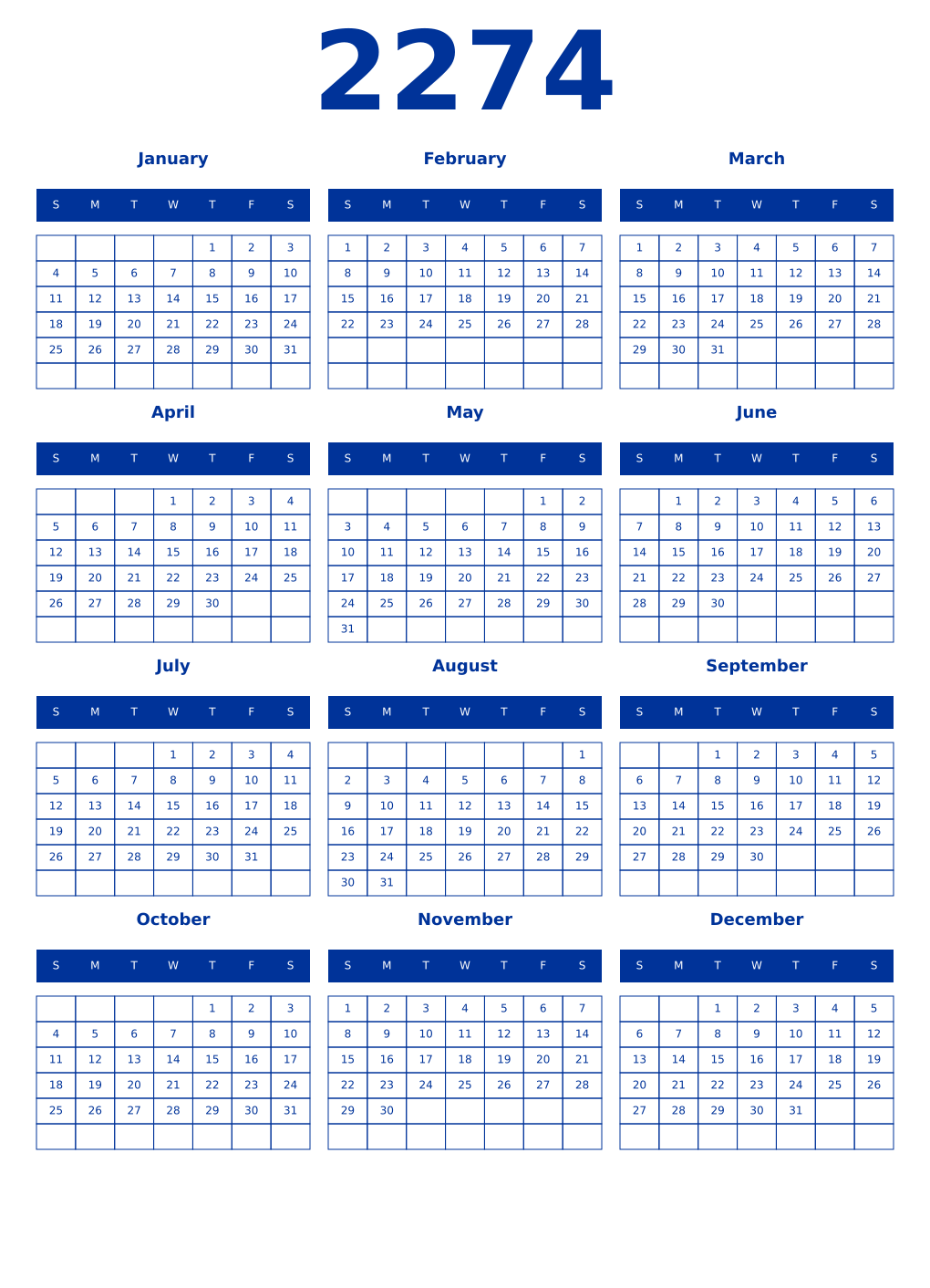 Printable 2274 Year Calendars smalt