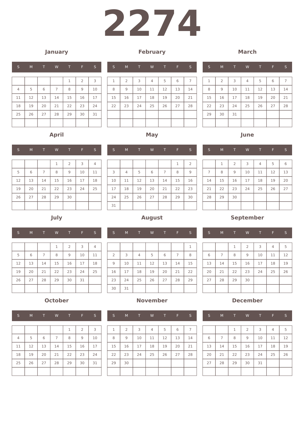 Printable 2274 Year Calendars wenge