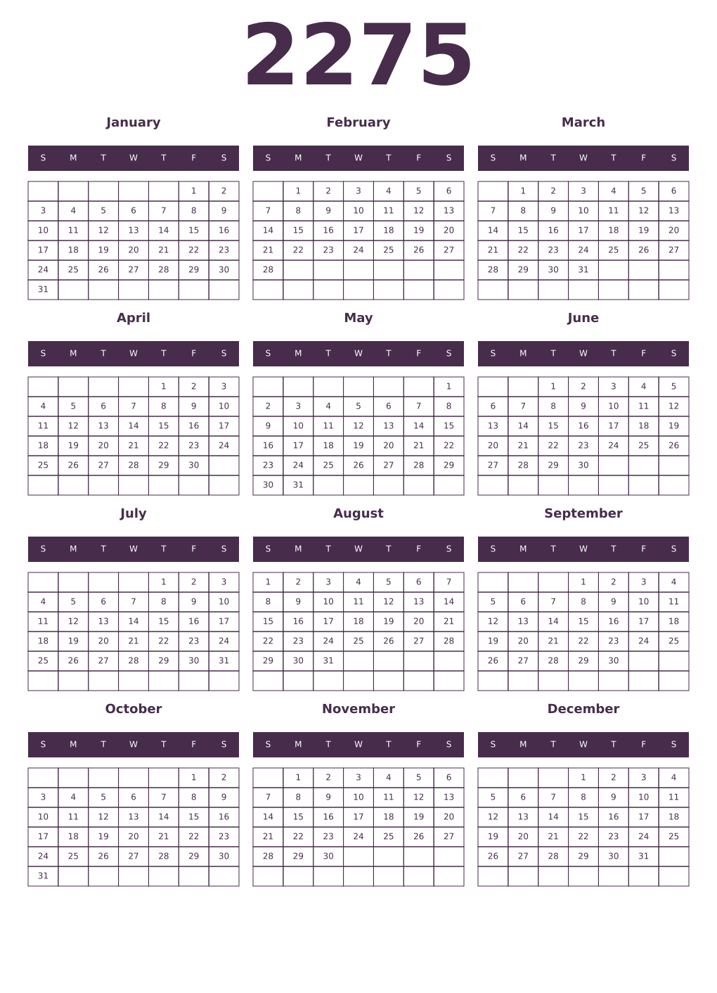 Printable 2275 Year Calendars aubergine