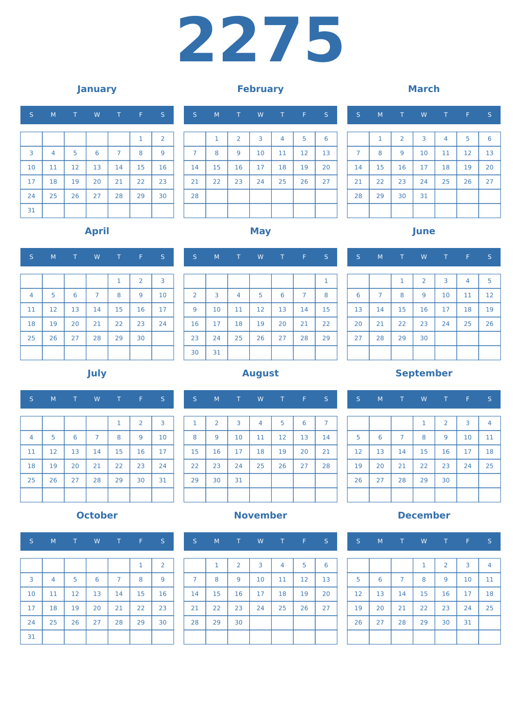 Printable 2275 Year Calendars blue