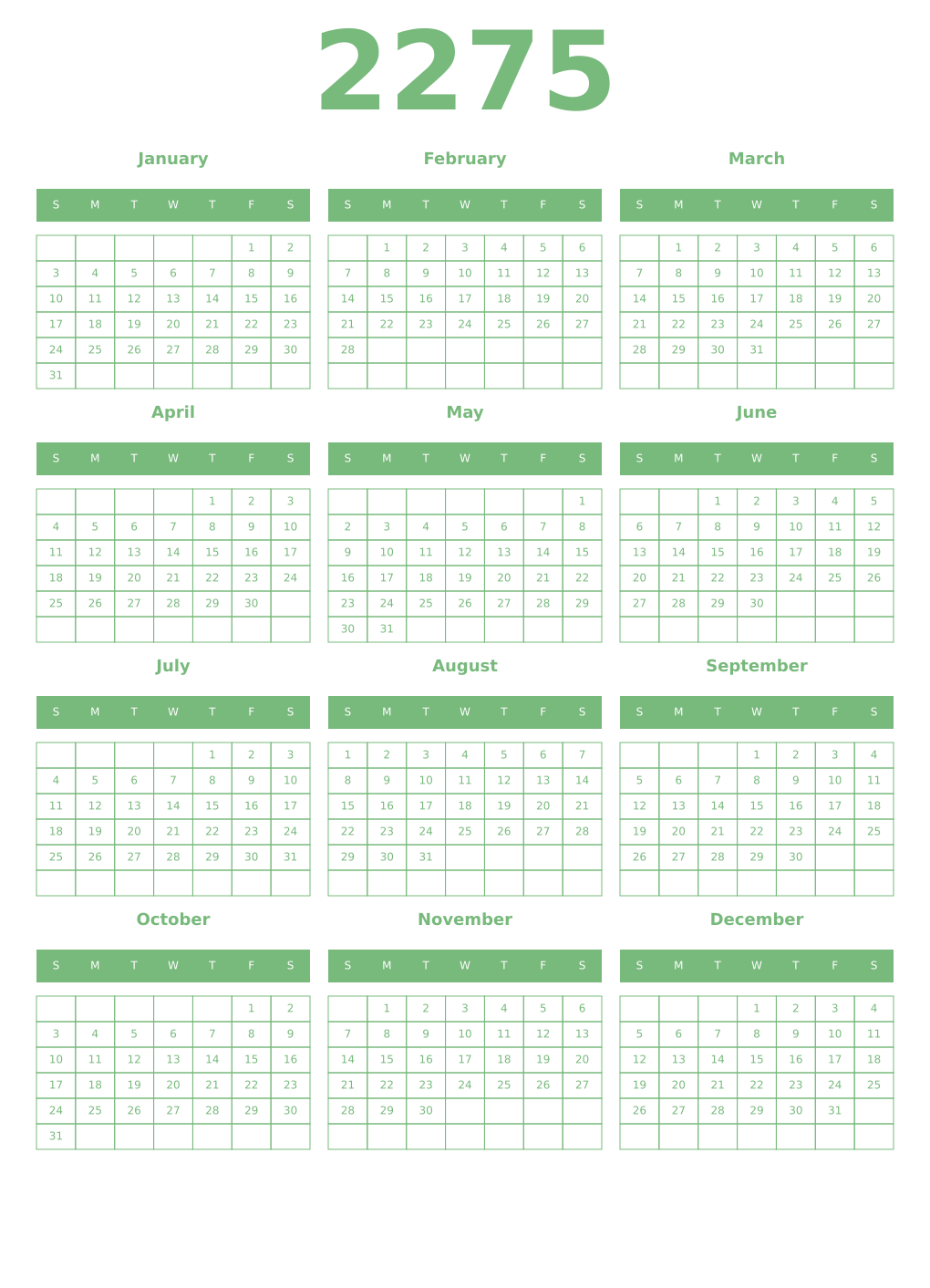 Printable 2275 Year Calendars celadon