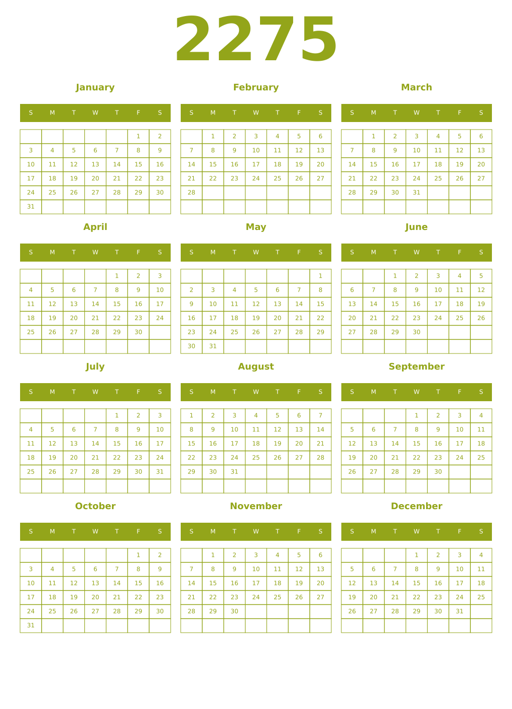 Printable 2275 Year Calendars chartreuse