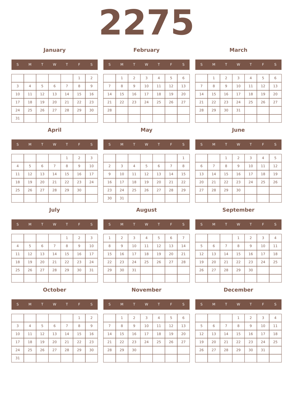 Printable 2275 Year Calendars coffe
