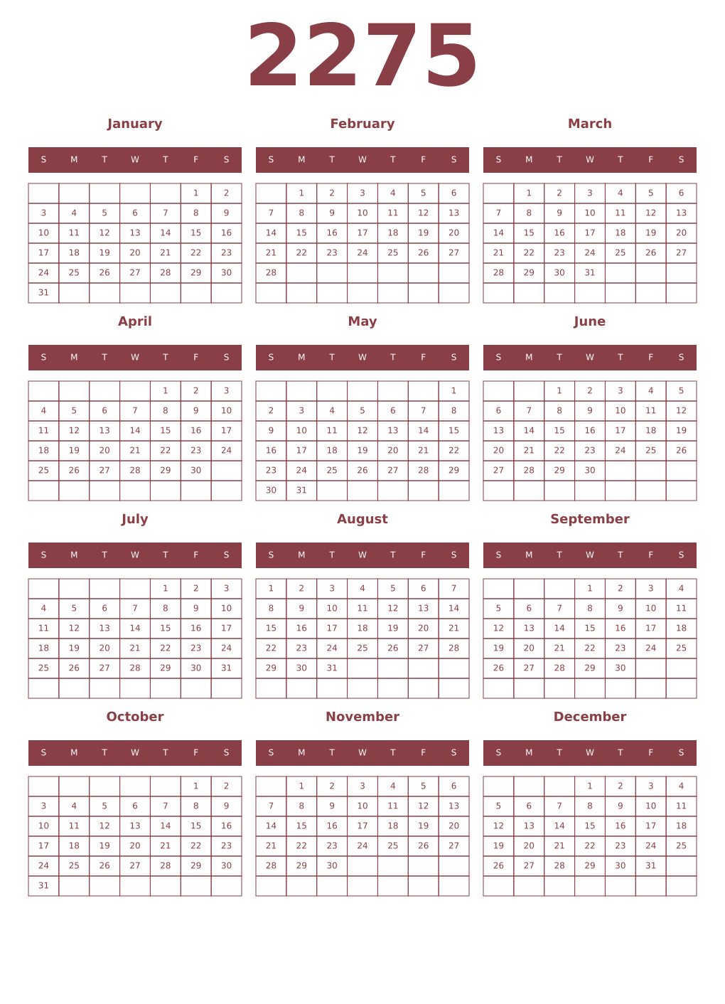 Printable 2275 Year Calendars cordovan