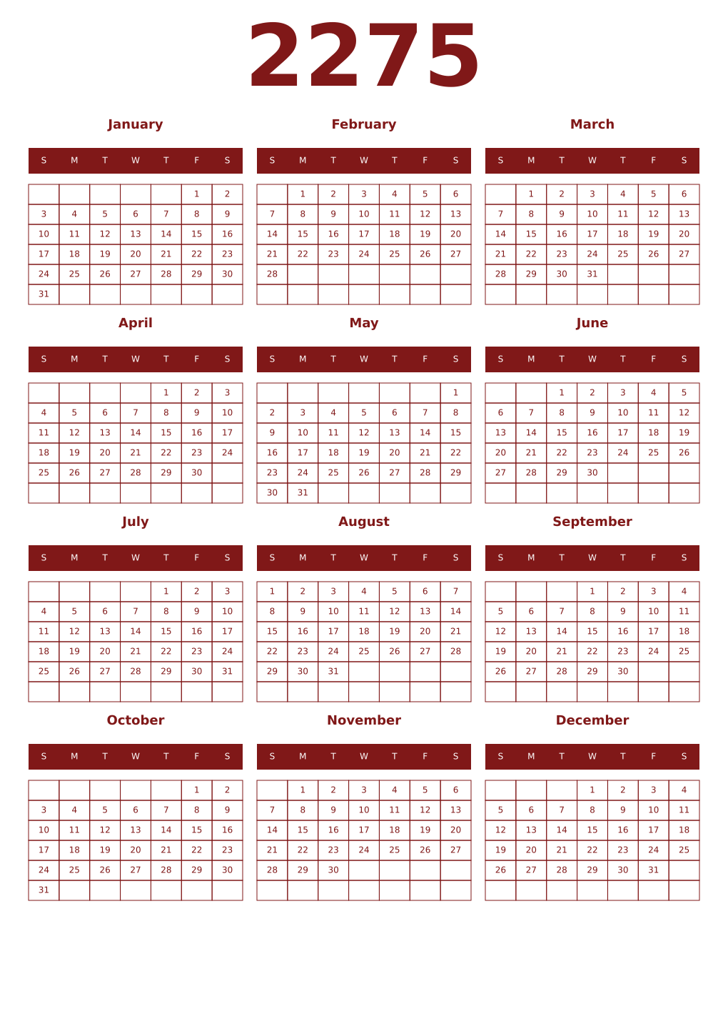 Printable 2275 Year Calendars falu