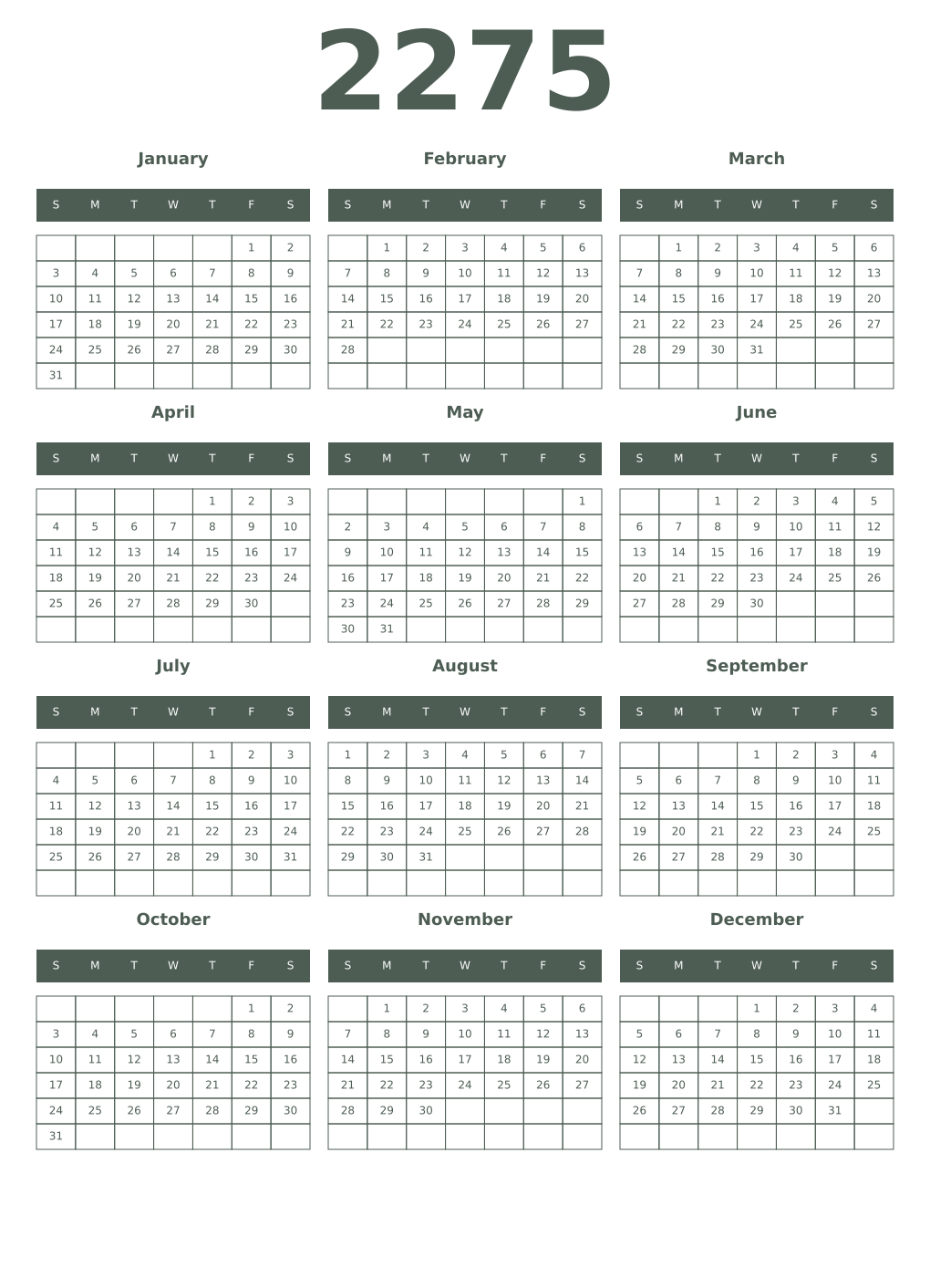 Printable 2275 Year Calendars feldgrau