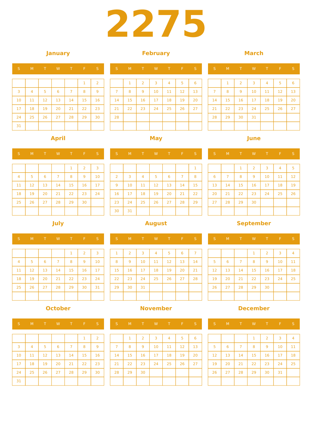 Printable 2275 Year Calendars gamboge