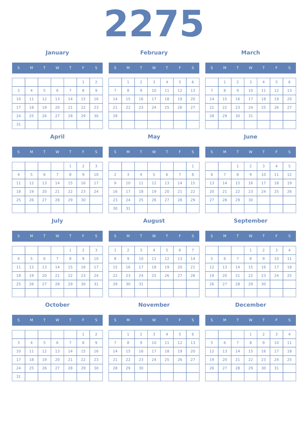 Printable 2275 Year Calendars glaucous