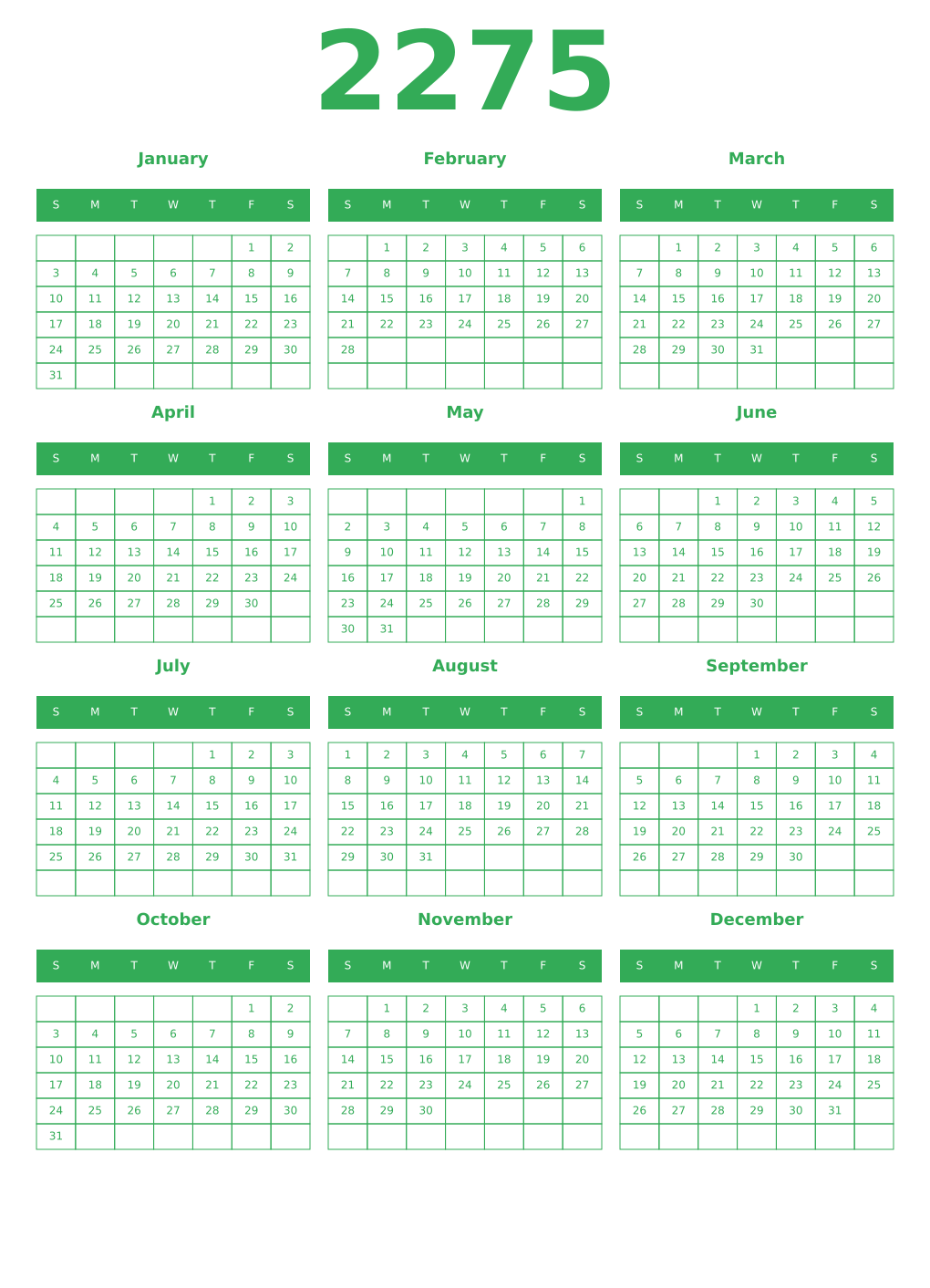 Printable 2275 Year Calendars green
