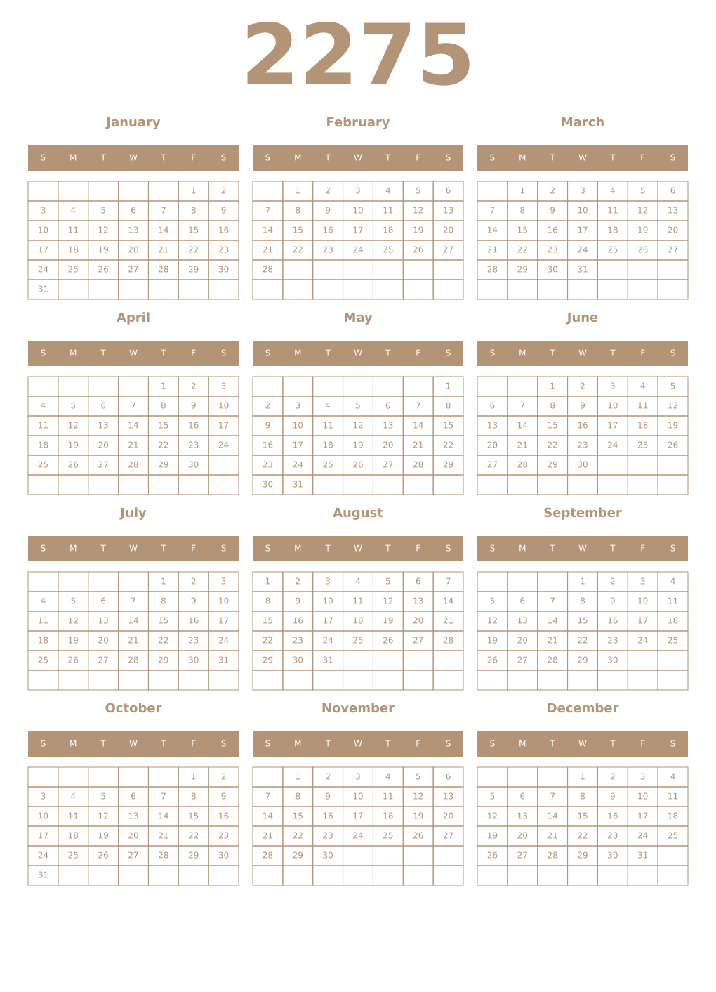 Printable 2275 Year Calendars isabelline