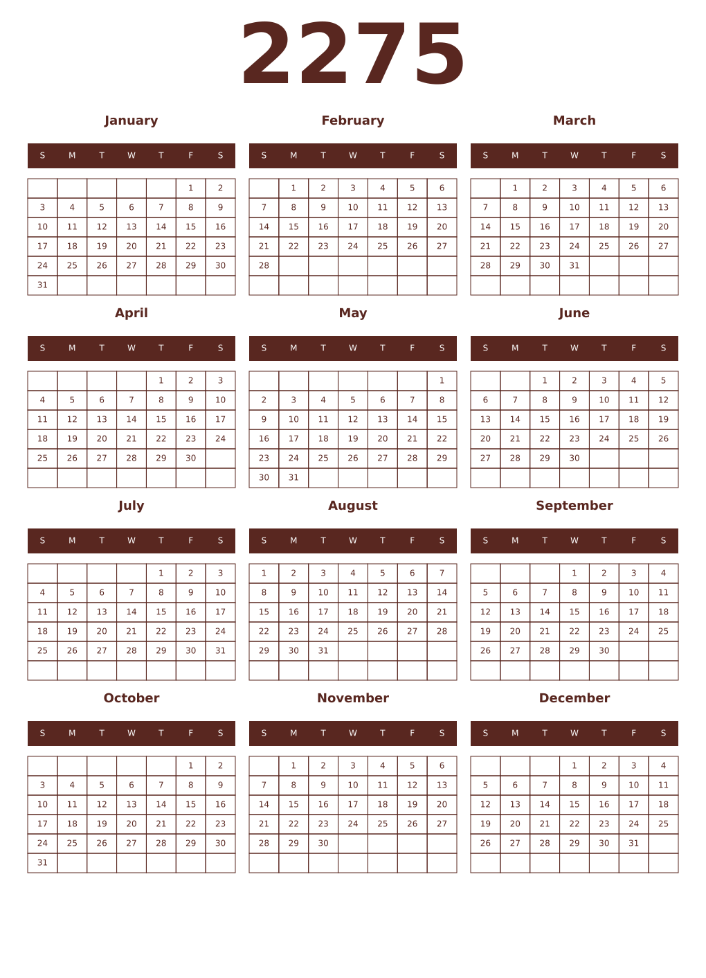 Printable 2275 Year Calendars mortuum