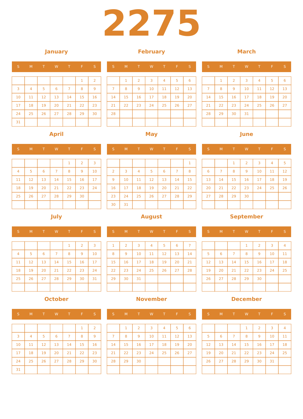 Printable 2275 Year Calendars orange