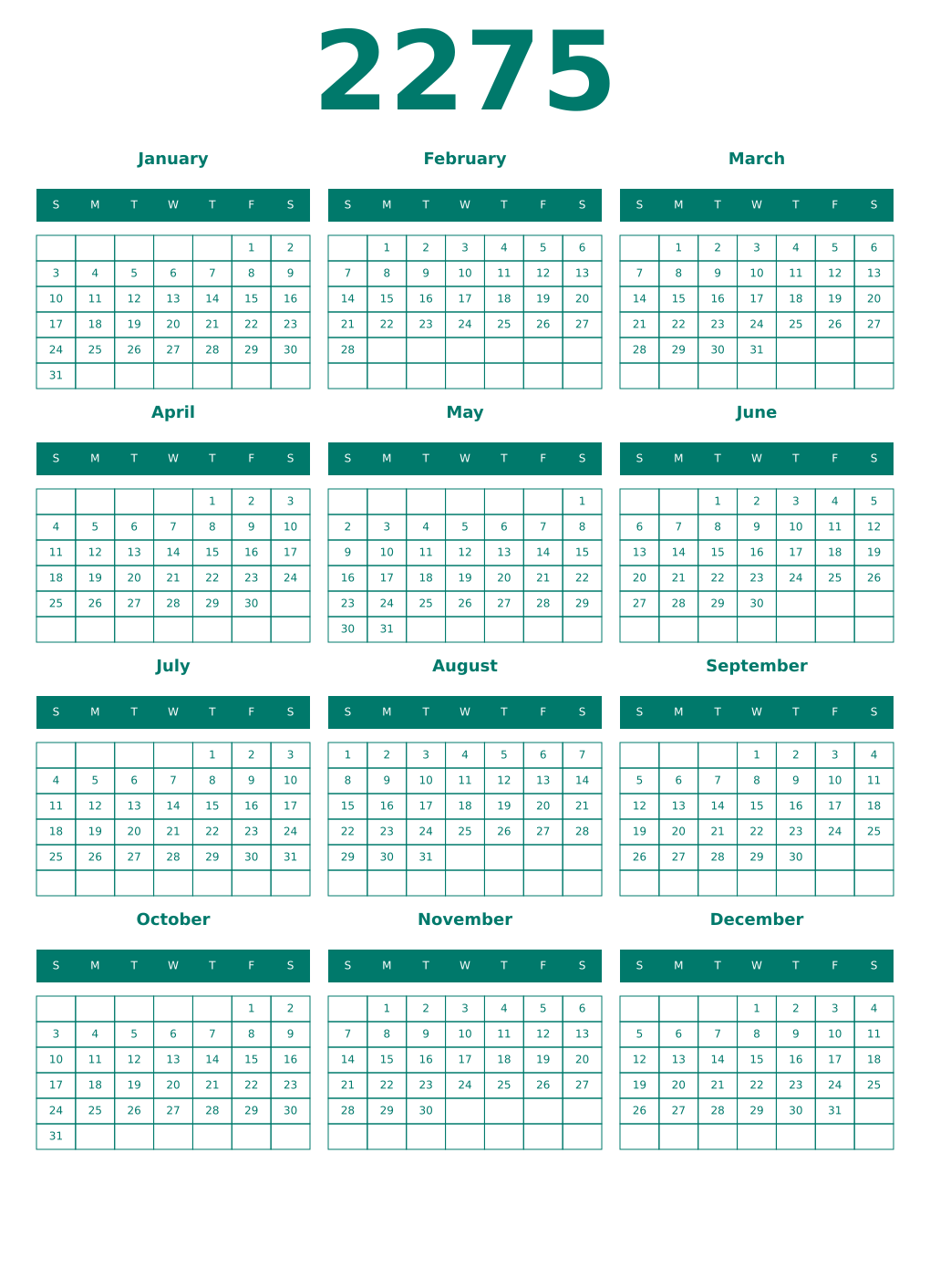 Printable 2275 Year Calendars pastel
