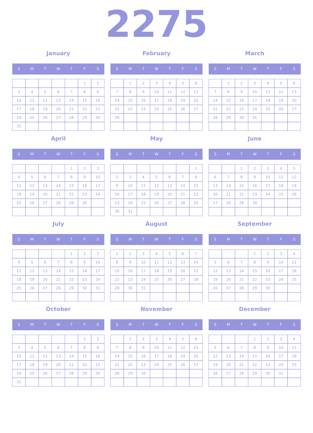 Printable 2275 Year Calendars periwinkle