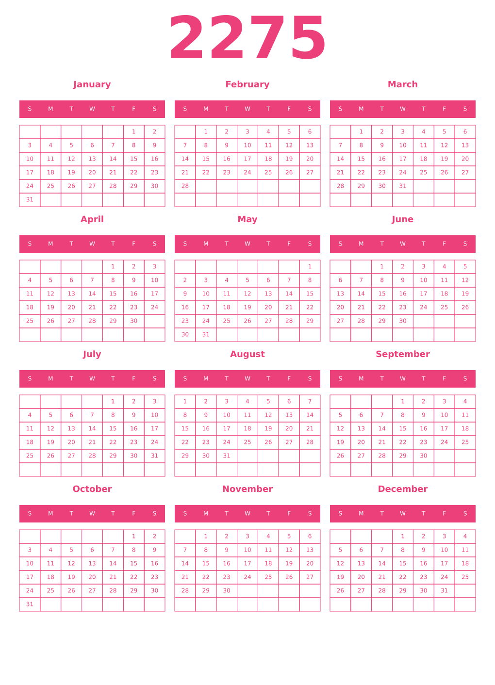 Printable 2275 Year Calendars pink