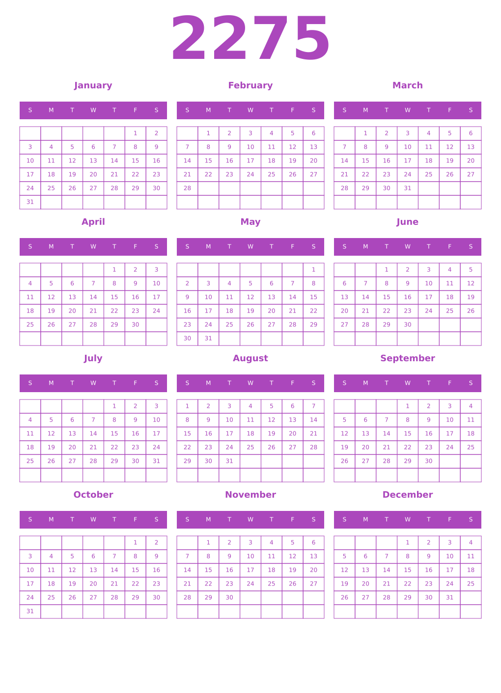 Printable 2275 Year Calendars purple