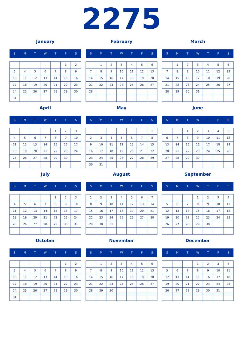 Printable 2275 Year Calendars smalt