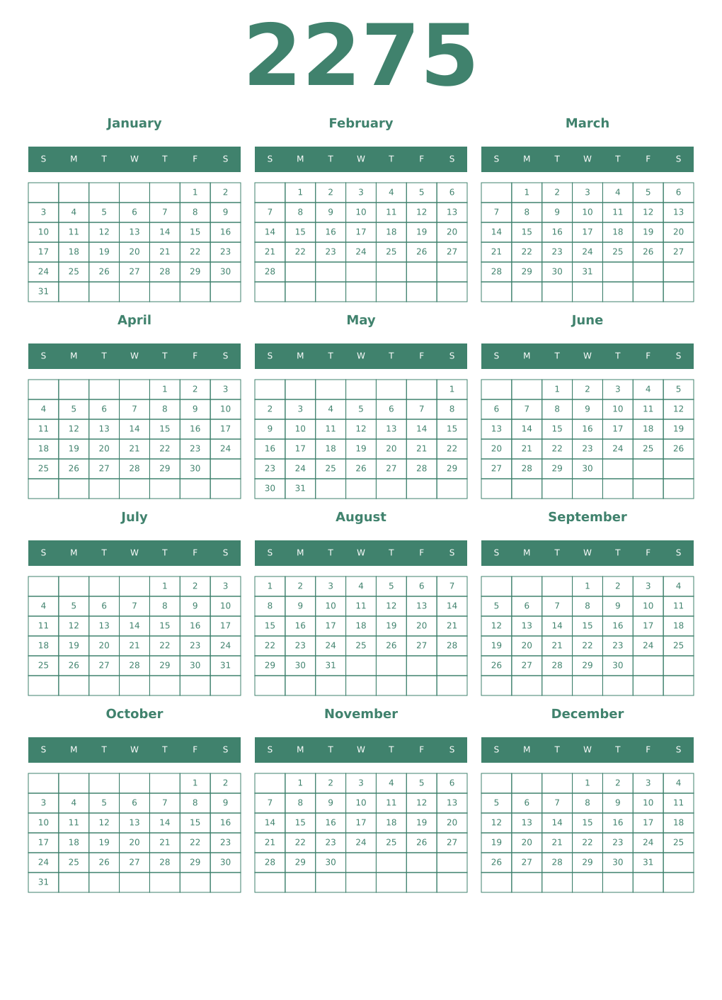 Printable 2275 Year Calendars viridian