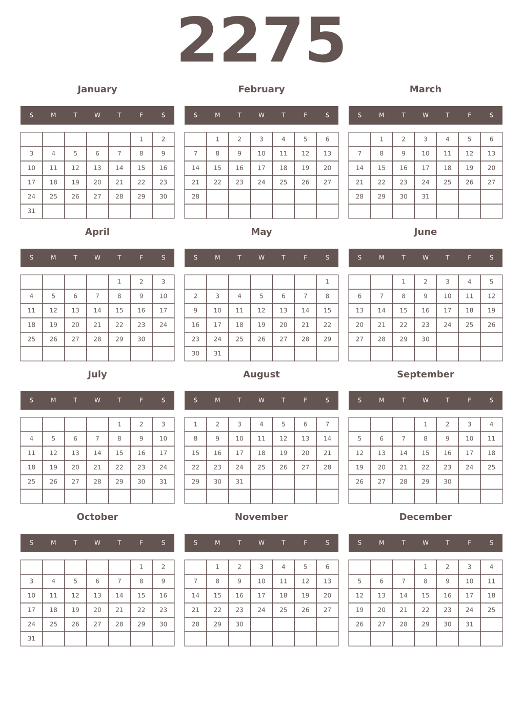 Printable 2275 Year Calendars wenge