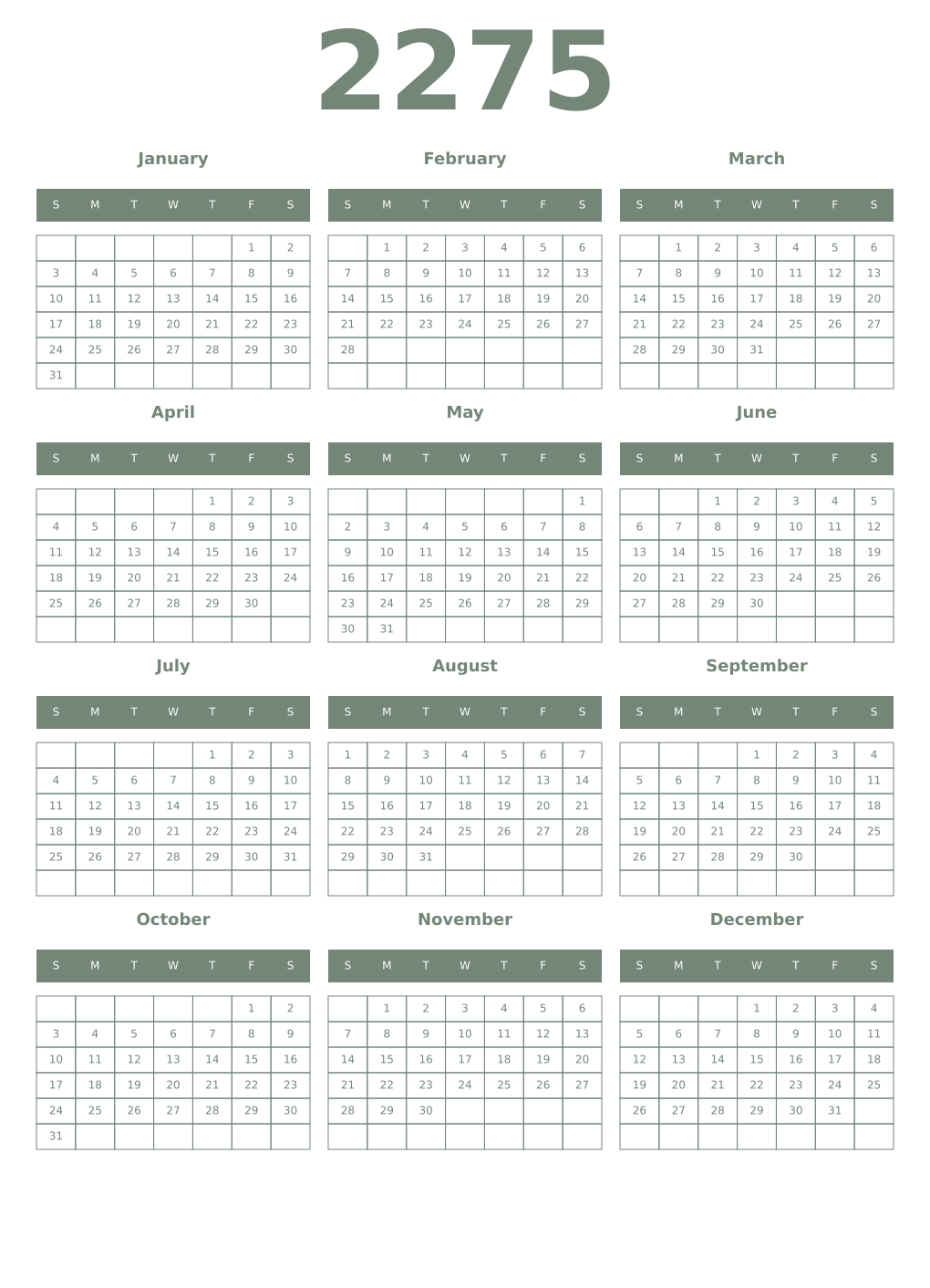 Printable 2275 Year Calendars xanadu