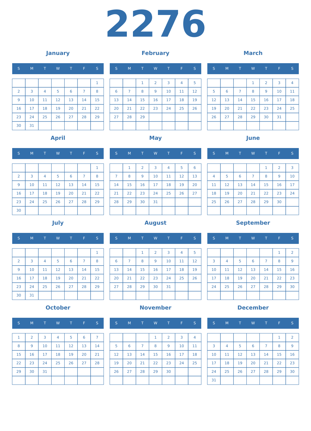 Printable 2276 Year Calendars blue