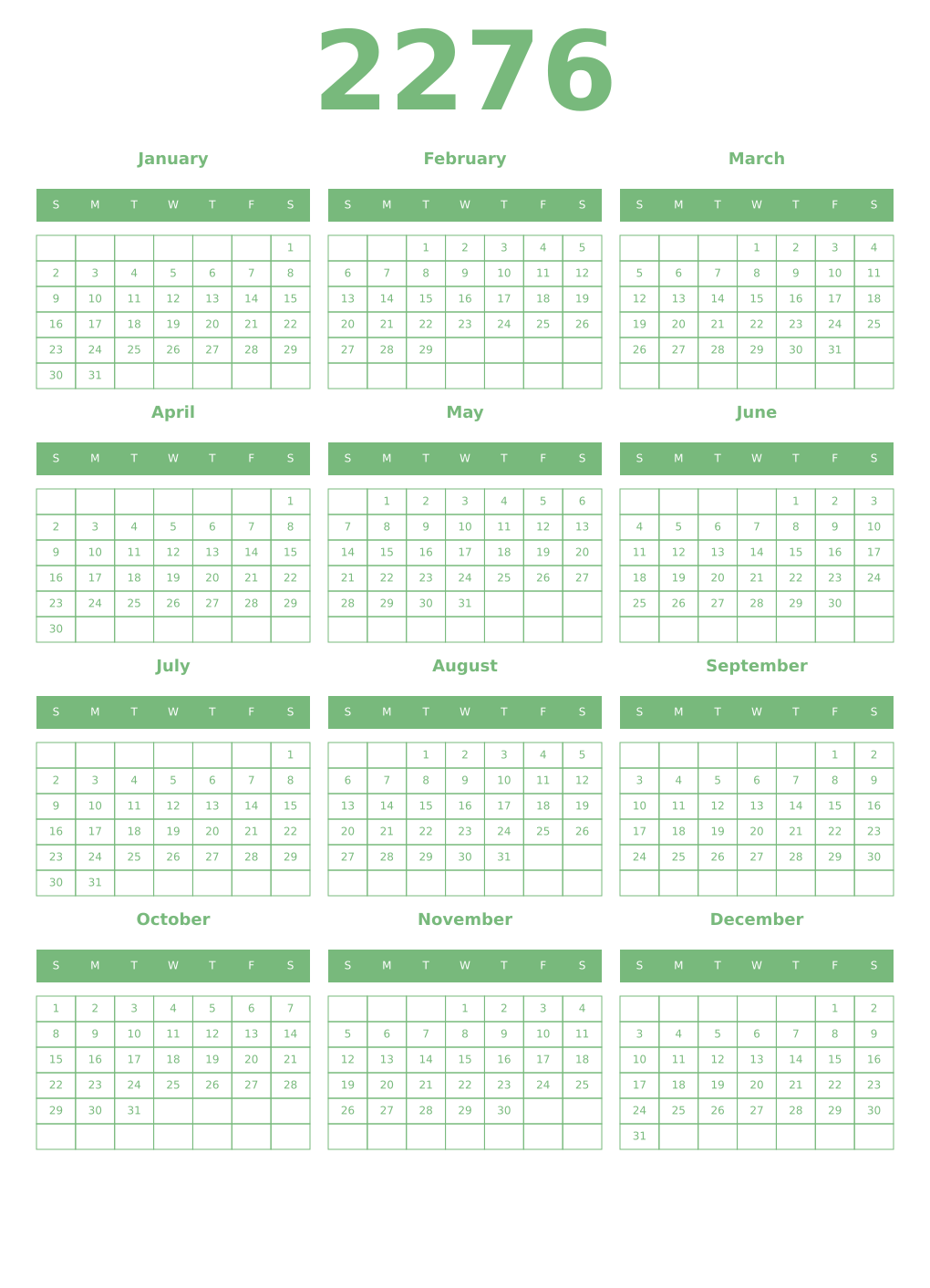 Printable 2276 Year Calendars celadon