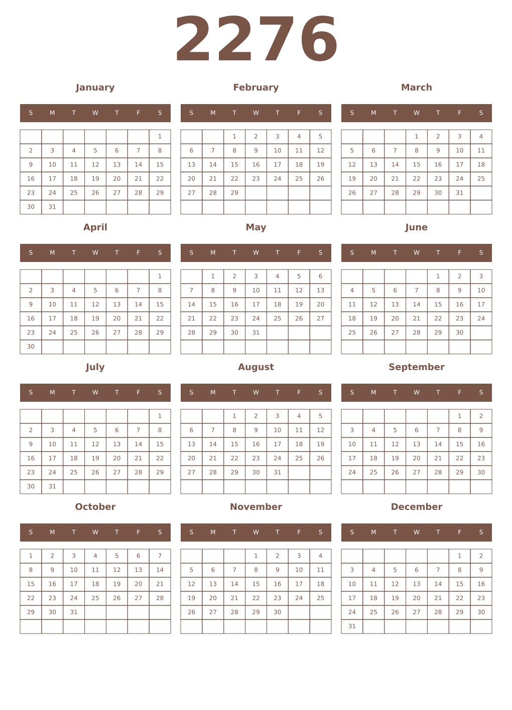 Printable 2276 Year Calendars coffe
