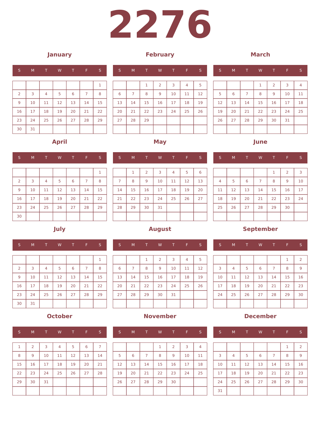 Printable 2276 Year Calendars cordovan