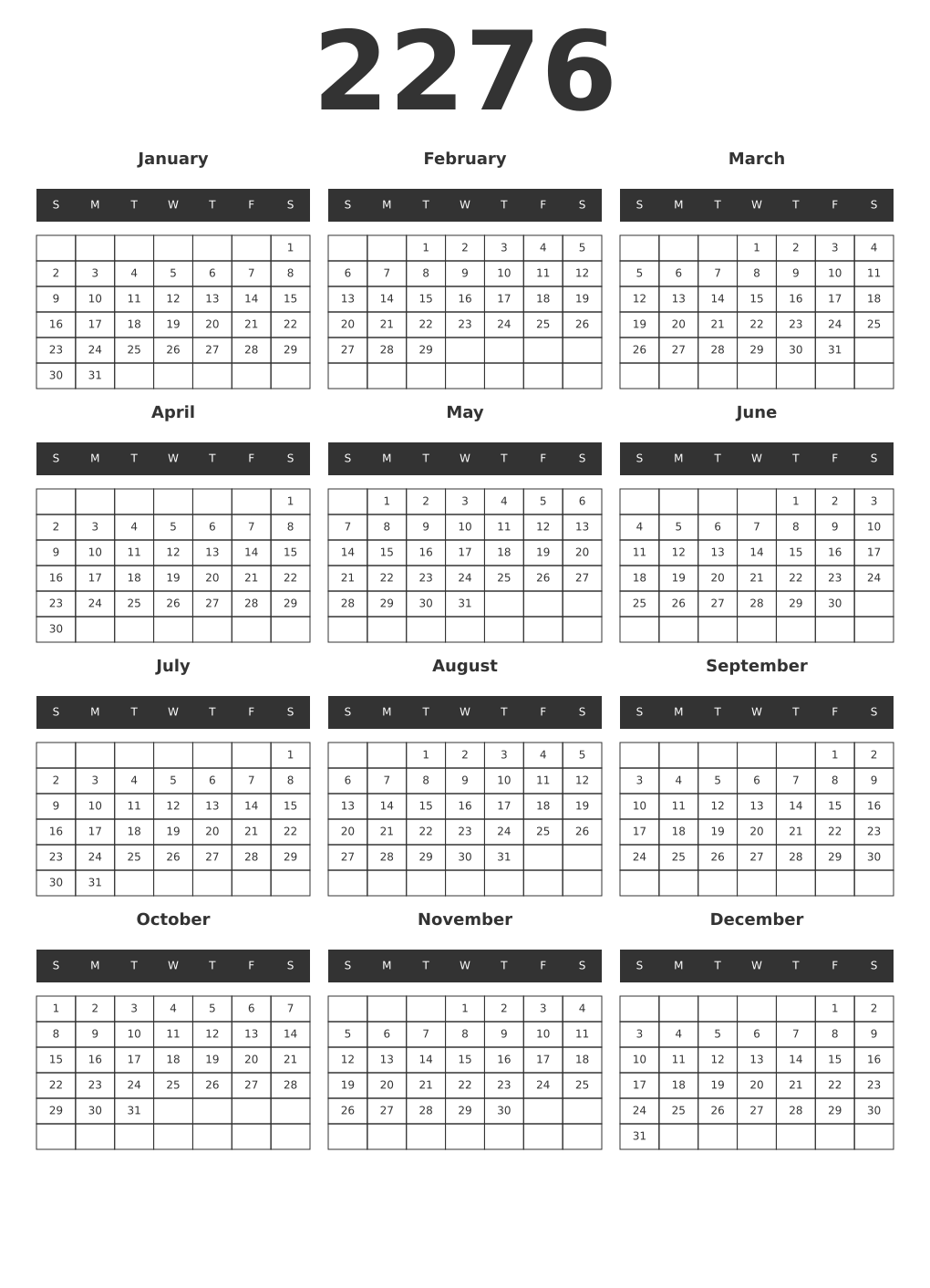 Printable 2276 Year Calendars dark