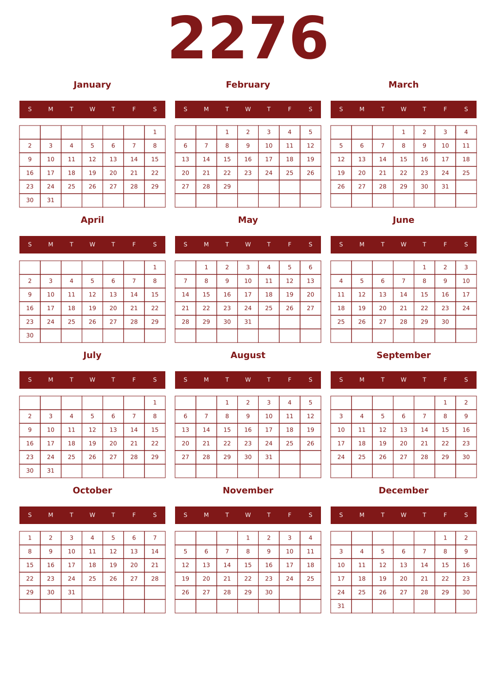 Printable 2276 Year Calendars falu